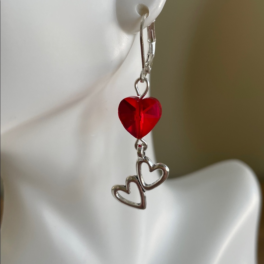 HAND CRAFTED RED CRYSTAL & DOUBLE HEART DROP EARRINGS Faceted Red Crystal Hearts